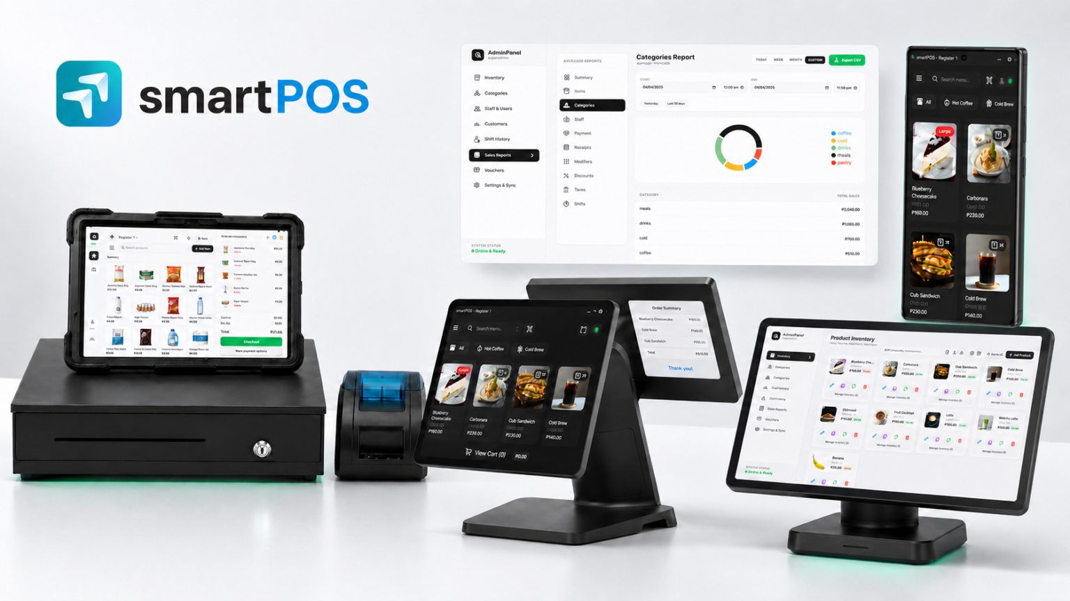 smartPOS running on POS terminals, tablet, phone and the admin panel, with a receipt printer and cash drawer